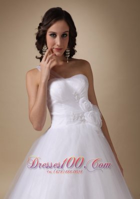 One Shoulder Chapel Train Hand Made Flower Wedding Ball Gown