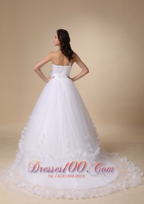 One Shoulder Chapel Train Hand Made Flower Wedding Ball Gown