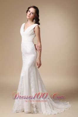 Coloumn V-neck Wedding Dress Chiffon Brush Train