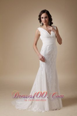 Coloumn V-neck Wedding Dress Chiffon Brush Train