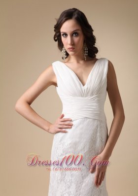 Coloumn V-neck Wedding Dress Chiffon Brush Train