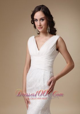 Coloumn V-neck Wedding Dress Chiffon Brush Train