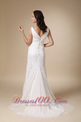 Coloumn V-neck Wedding Dress Chiffon Brush Train