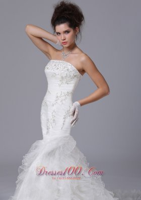 Mermaid Strapless Beaded Wedding Gown with Brush Train