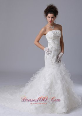 Mermaid Strapless Beaded Wedding Gown with Brush Train