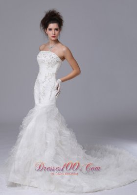 Mermaid Strapless Beaded Wedding Gown with Brush Train