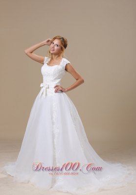 Square Cap Sleeves and Sash Wedding Dress Chapel Train