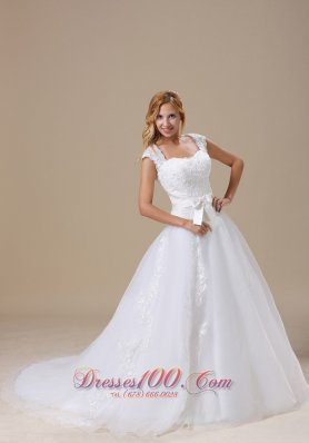 Square Cap Sleeves and Sash Wedding Dress Chapel Train