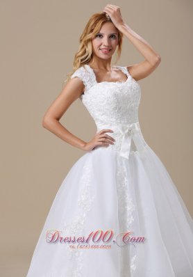 Square Cap Sleeves and Sash Wedding Dress Chapel Train