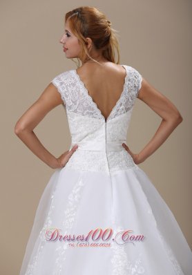 Square Cap Sleeves and Sash Wedding Dress Chapel Train