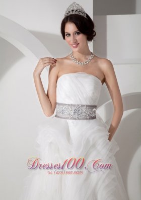 Strapless Beading Sash Rolling Flower Wedding Gown