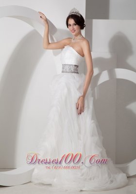 Strapless Beading Sash Rolling Flower Wedding Gown