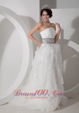 Strapless Beading Sash Rolling Flower Wedding Gown