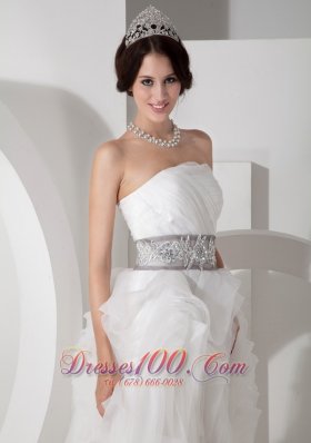 Strapless Beading Sash Rolling Flower Wedding Gown