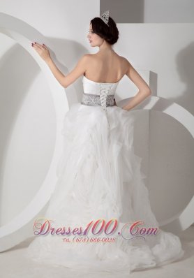 Strapless Beading Sash Rolling Flower Wedding Gown