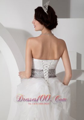 Strapless Beading Sash Rolling Flower Wedding Gown