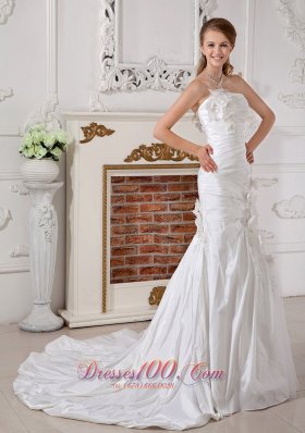 Strapless Hand Made Flower Chapel Train Wedding Dress