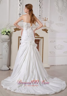 Strapless Hand Made Flower Chapel Train Wedding Dress