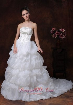 Tiered Skirt Beading Wedding Dress Brush Train