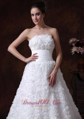 Wedding Gown with Rolling Flowers Strapless A-line Brush Train