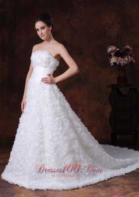 Wedding Gown with Rolling Flowers Strapless A-line Brush Train