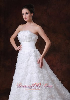 Wedding Gown with Rolling Flowers Strapless A-line Brush Train