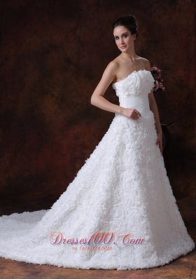 Wedding Gown with Rolling Flowers Strapless A-line Brush Train