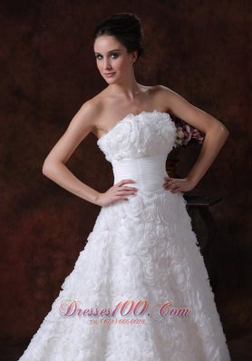 Wedding Gown with Rolling Flowers Strapless A-line Brush Train