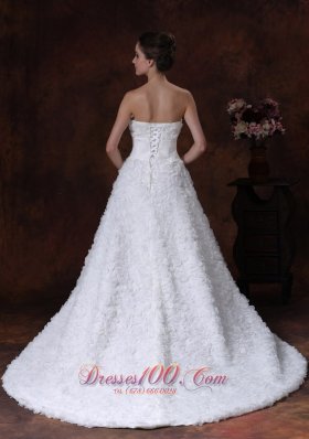 Wedding Gown with Rolling Flowers Strapless A-line Brush Train