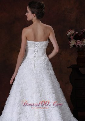 Wedding Gown with Rolling Flowers Strapless A-line Brush Train