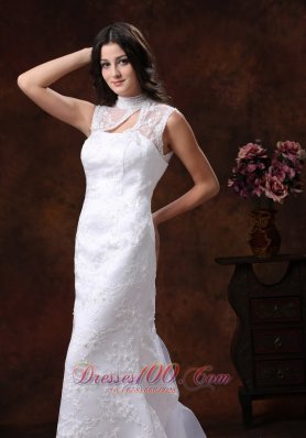 High Neck Lace Wedding Dress Mermaid with Train