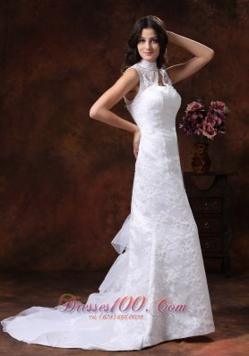 High Neck Lace Wedding Dress Mermaid with Train