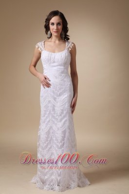 Square Brush Train Satin and Lace Cap Sleeves Wedding Dress