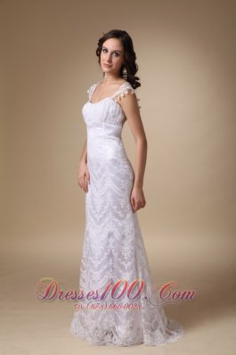 Square Brush Train Satin and Lace Cap Sleeves Wedding Dress