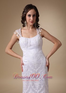 Square Brush Train Satin and Lace Cap Sleeves Wedding Dress