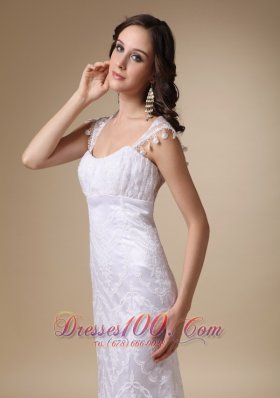 Square Brush Train Satin and Lace Cap Sleeves Wedding Dress