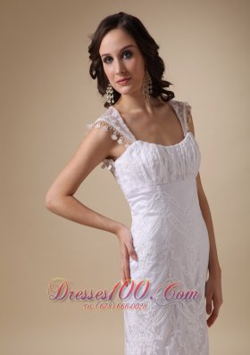 Square Brush Train Satin and Lace Cap Sleeves Wedding Dress