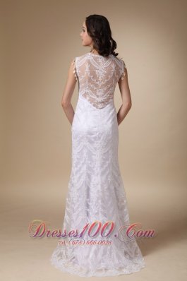 Square Brush Train Satin and Lace Cap Sleeves Wedding Dress