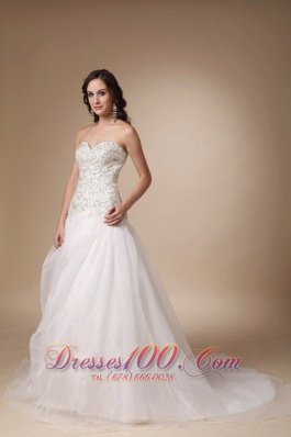 Wedding Gown Sweetheart Court Train Taffeta and Tulle Beading