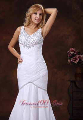 V-neck Mermaid Wedding Dress Ruched Beading