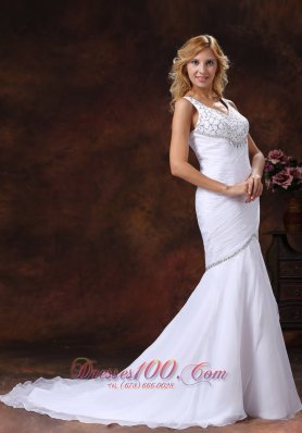 V-neck Mermaid Wedding Dress Ruched Beading