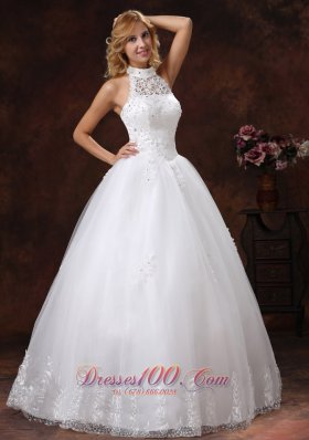 High Neck Lace Halter Wedding Bridal Gown Vintage Beaded