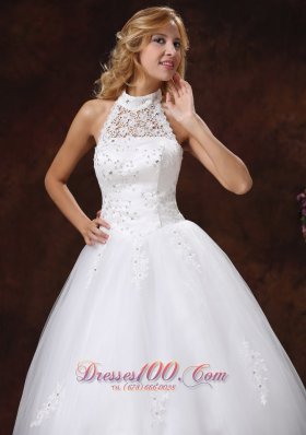 High Neck Lace Halter Wedding Bridal Gown Vintage Beaded