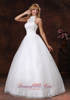 High Neck Lace Halter Wedding Bridal Gown Vintage Beaded