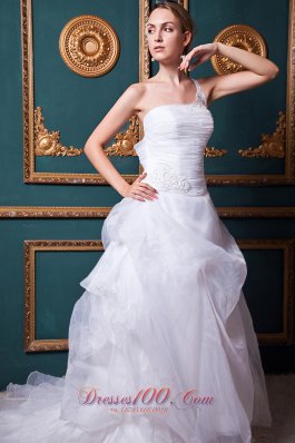 Dreamy Beaded One Shoulder Court Train Organza Wedding Gowns