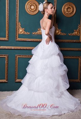 Dreamy Beaded One Shoulder Court Train Organza Wedding Gowns