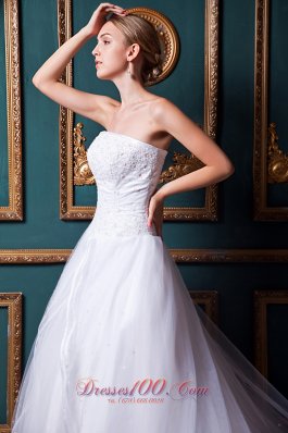 Snow White Church Wedding Dress Strapless Chapel Train