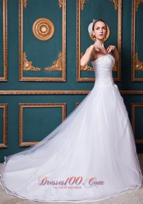 Snow White Church Wedding Dress Strapless Chapel Train