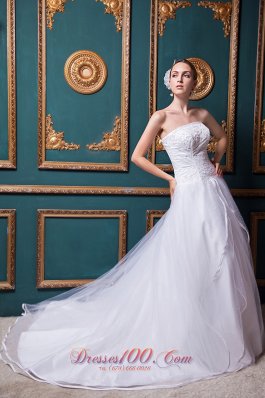 Snow White Church Wedding Dress Strapless Chapel Train