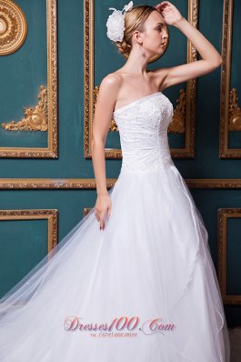 Snow White Church Wedding Dress Strapless Chapel Train